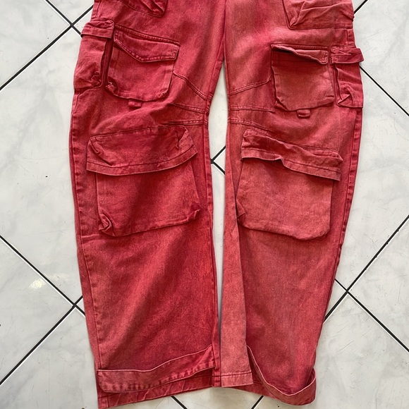 Red Denim Cargo Jumpsuit - Picture 3 of 8
